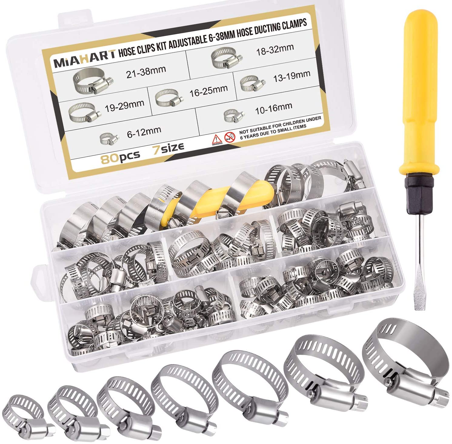MIAHART 80PCS Adjustable 6-38mm Pipe Tube Clamps - 7 Sizes Hose Ducting Worm Drive Clamps in PP Storage, Silver