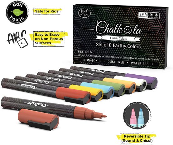 Fine Tip Chalkboard Chalk Pens - Pack of 8 Classic Earth Colors | Non Toxic Wet Erase Liquid Chalk Ink Markers | 3mm Reversible Bullet & Chisel Nib - Image 2