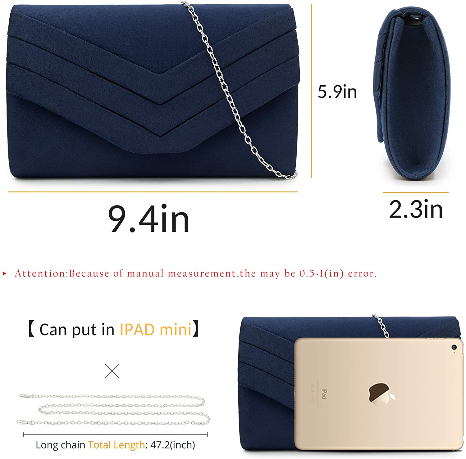 Milisente Clutch Bag for Women Suede Clutch Bags for Wedding Shoulder Crossbody Evening Bag (Navy), 9.4*2.3*5.9 inches - Image 3