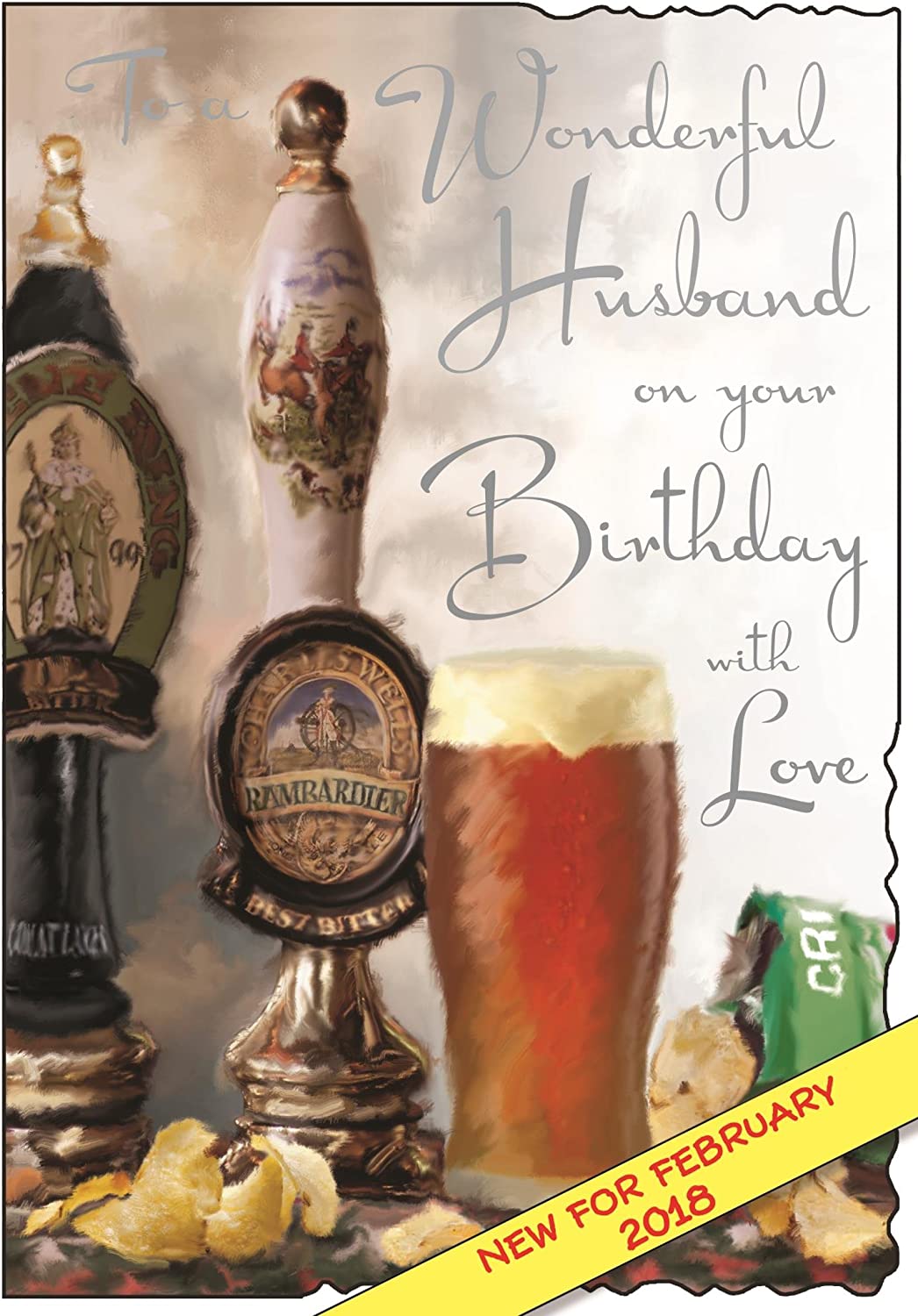 Husband Birthday Card - (JJ-V518) - Beer and Crisps - Velvet Range - Embossed and Foil Finish, beige, 157mm x 228mm
