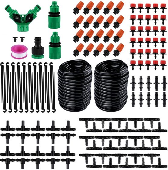 Aiglam Irrigation System Garden, 20m Drip Irrigation Kit Automatic Irrigation Micro Sprinkler Shrub Drip Kit Garden Irrigation for Landscape, Flower Bed, Patio Plants (62pcs)