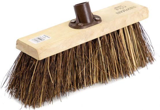 Newman and Cole 13" Wooden Broom Head with Stiff Bassine and Cane Mix Natural Hard Bristle - Replacement Wooden Broom Head Outdoor Garden Yard Brush Sweeping Brush Fitted Fixing Bracket Connector