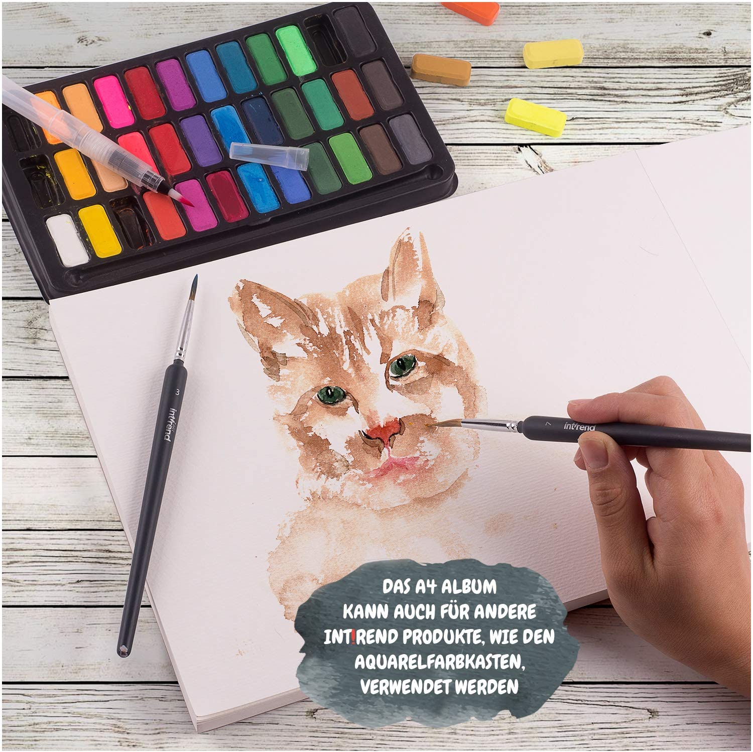 int!rend Watercolour Paper DIN A4 300gsm, 30 White Glued Painting Paper + Water Tank Brush + 2 Brushes + Pencil - Image 4