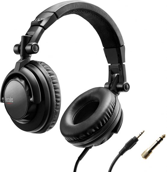 Hercules HDP DJ45: Closed-back headphones for DJs. Foldable, with pivoting earpieces and a 6.6-foot/2-meter cable