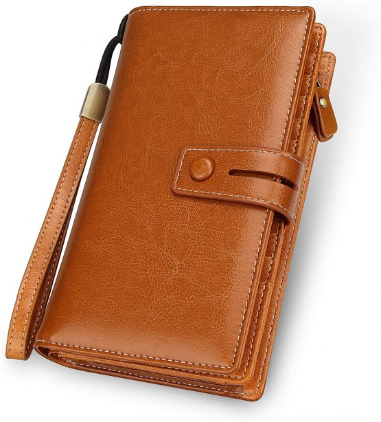 FT FUNTOR Ladies Large Capacity Genuine Leather Purse with Zipper Pocket for Cell Phone,19 Cards Slots RFID Blocking Wallet Purses for Women (Yellow) - Image 2