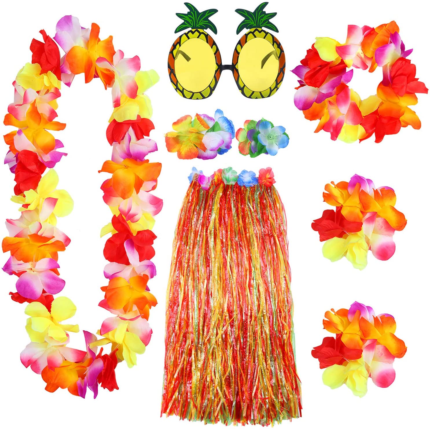 ELCOHO 8 Pieces Large Colorful Hawaiian Hula Grass Skirt Sunglasses Leis Necklace Bracelet Set (Colorful)