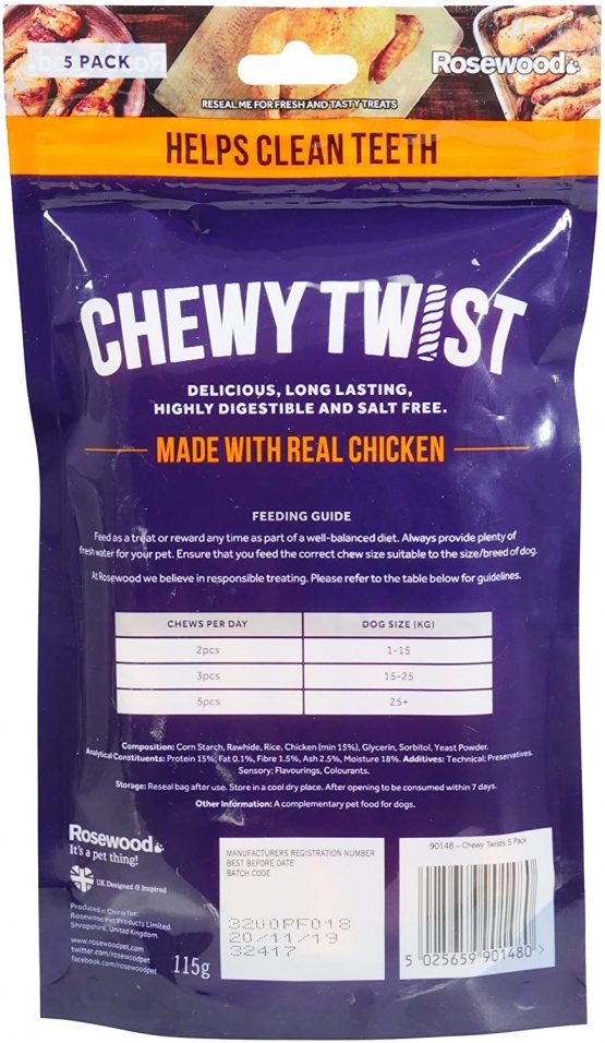 Rosewood Chewy Twist Chicken Dog Treat 5pc 115g, 10 pack SRP (10 x 115g packs, indivudally sealed) - Image 2