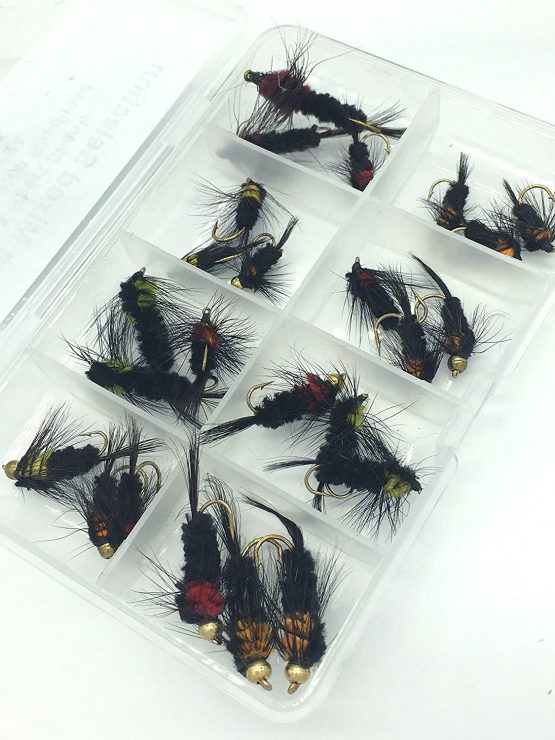 BestCity Fly Fishing Montana Mixed Selection Pack of 24 Flies in sizes 8-12 + free clip shut fly box