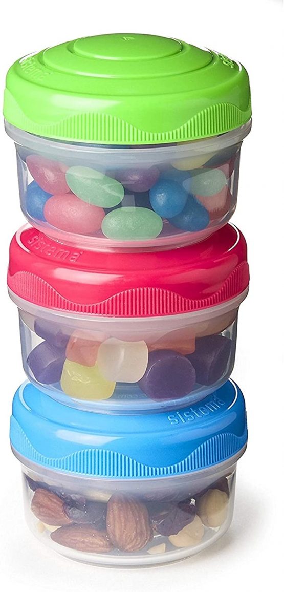 Sistema Snack Pots Mini Bites TO GO | 130 ml | Stackable Snack Boxes with Lids | BPA-Free | Green, Pink & Blue Lids | 3 Count - Image 3