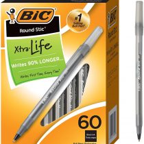 BIC Round Stic Xtra Life Ballpoint Pen, Medium Point (1.0mm), Black, Flexible Round Barrel For Writing Comfort, 60-Count