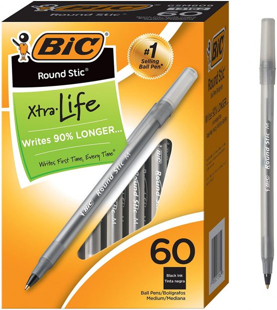BIC Round Stic Xtra Life Ballpoint Pen, Medium Point (1.0mm), Black, Flexible Round Barrel For Writing Comfort, 60-Count