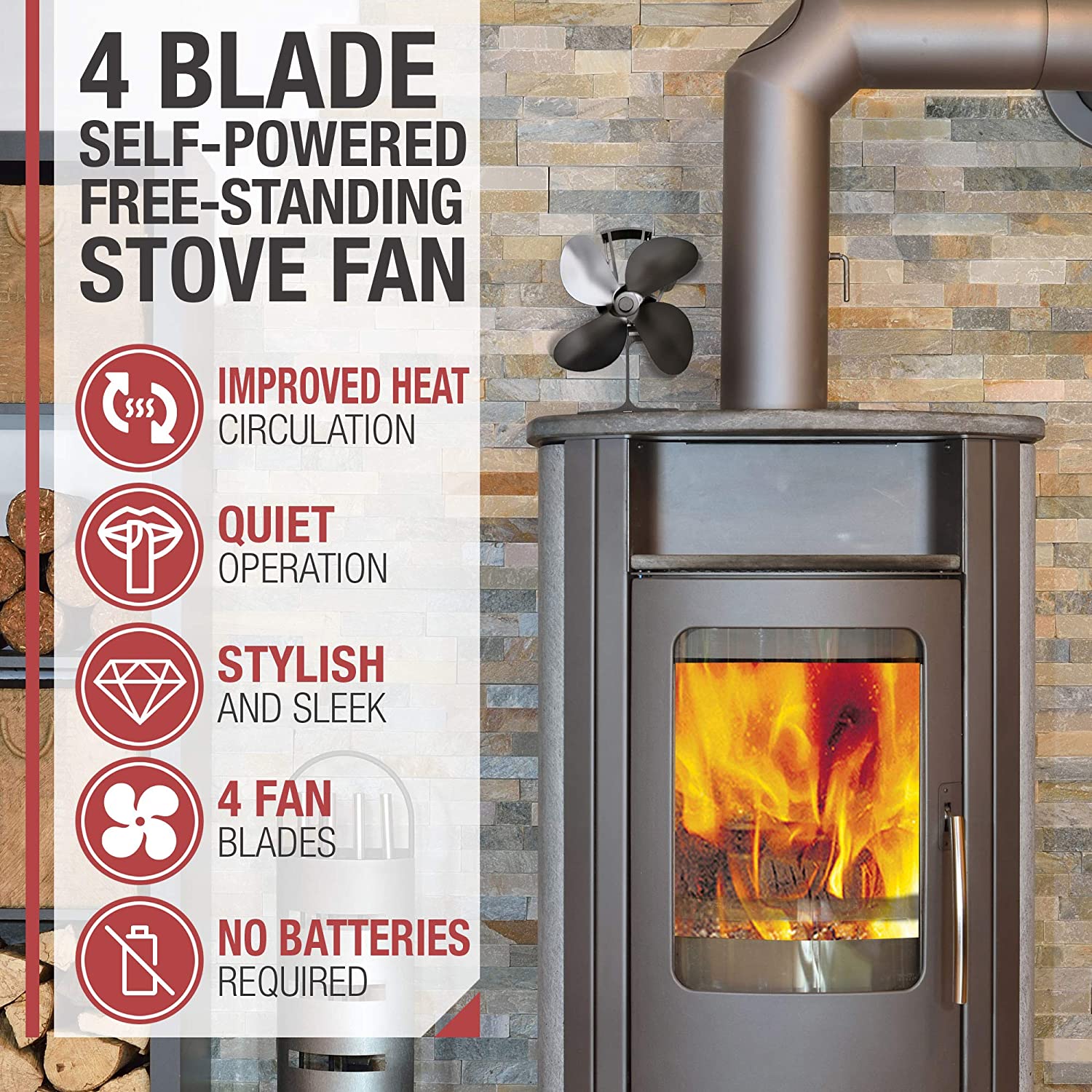 NETTA Magnetic 4 Blade Woodburner Stove Fan with Adjustable Band Silent Operat 