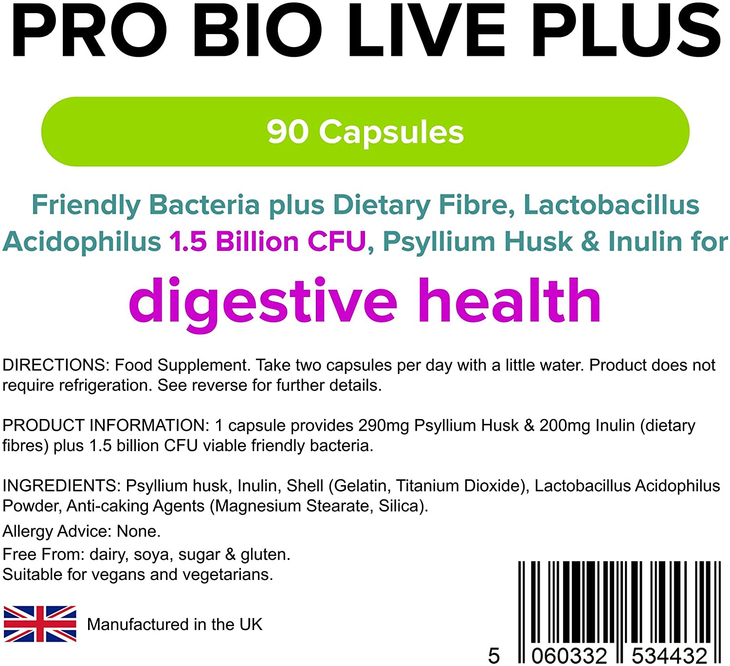 Lindens, Pro Bio Live Plus Dietary Fibre, 90 Capsules, UK Made, Lactobacillus Acidophilus - Image 3
