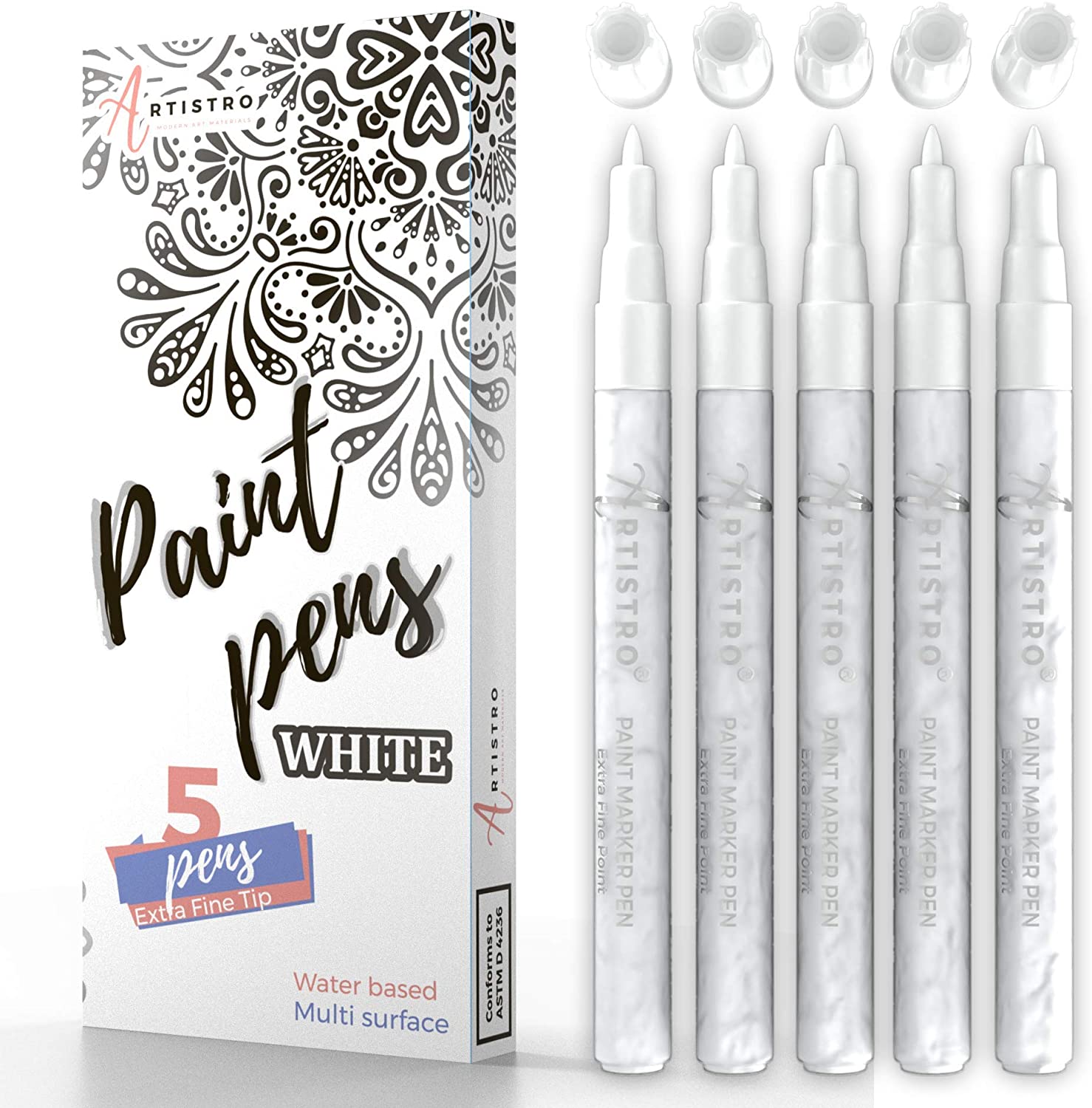ARTISTRO 5 White Acrylic Paint Pens for Rock Painting Stone, Ceramic, Glass, Wood, Tire, Fabric, Metal, Canvas