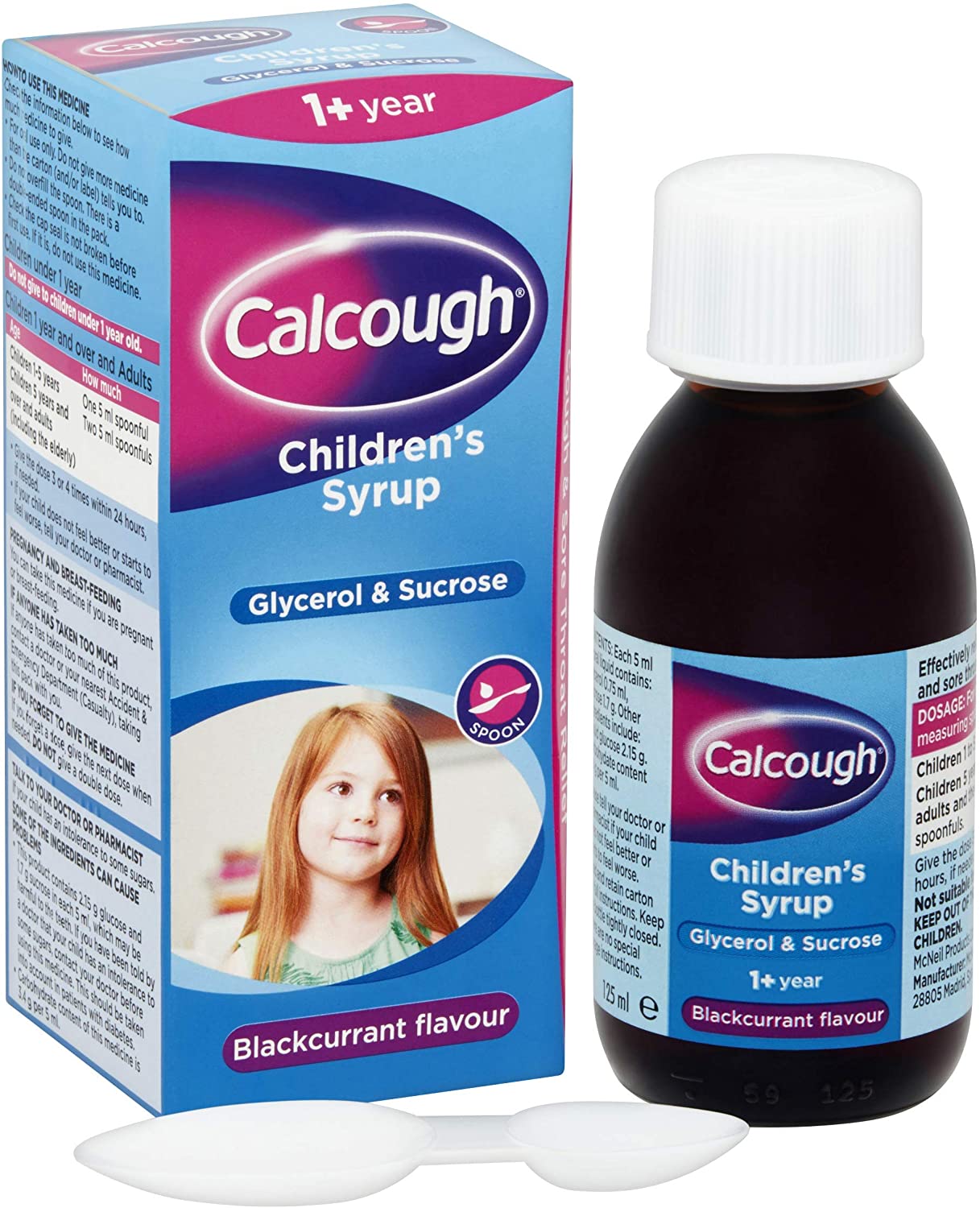 Calcough Children's Syrup, Cough & Sore Throat Relief for 1+ Year, Blackcurrant Flavour, 125ml, White, 125 ml (Pack of 1)