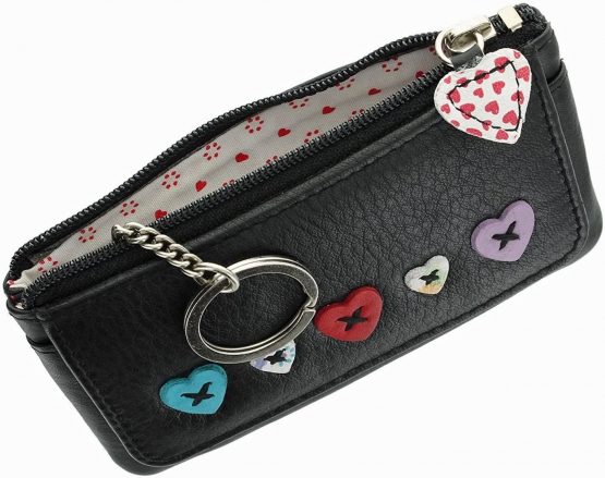Ladies Small Leather RFID Blocking Coin, Key & Credit Card Purse with Heart Design (Black) - Image 3