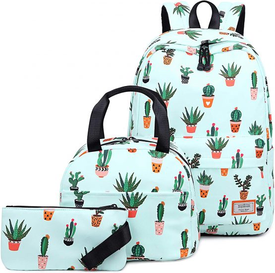 Joymoze Water Resistant Teen Girl Bookbag with Lunch Bag and Pencil Purse Black Flower