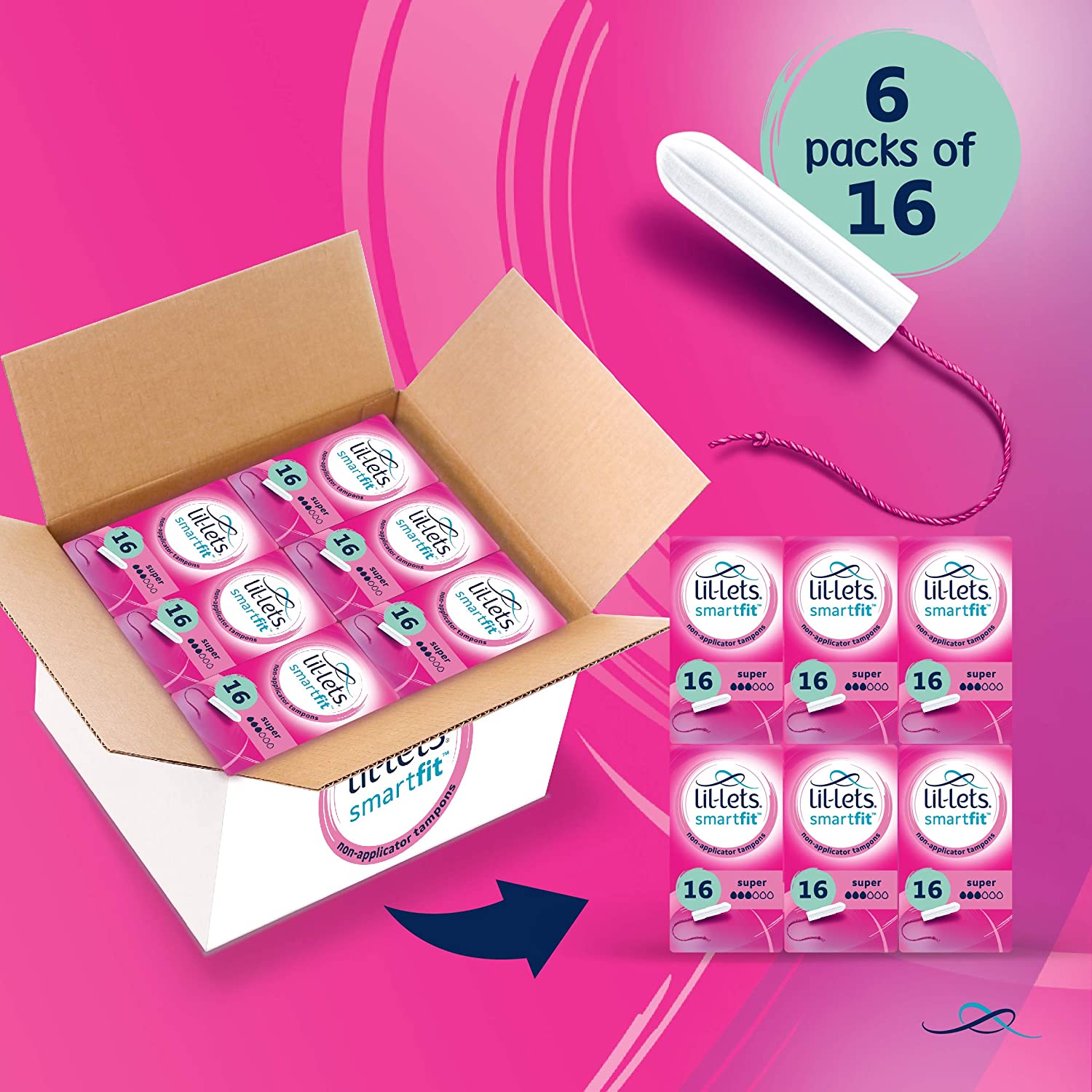 Lil-Lets Non-Applicator Super Tampons X 96, (6 Packs of 16 Tampons), for Medium to Heavy Flow 3 Droplets, Plant-Based - Image 2