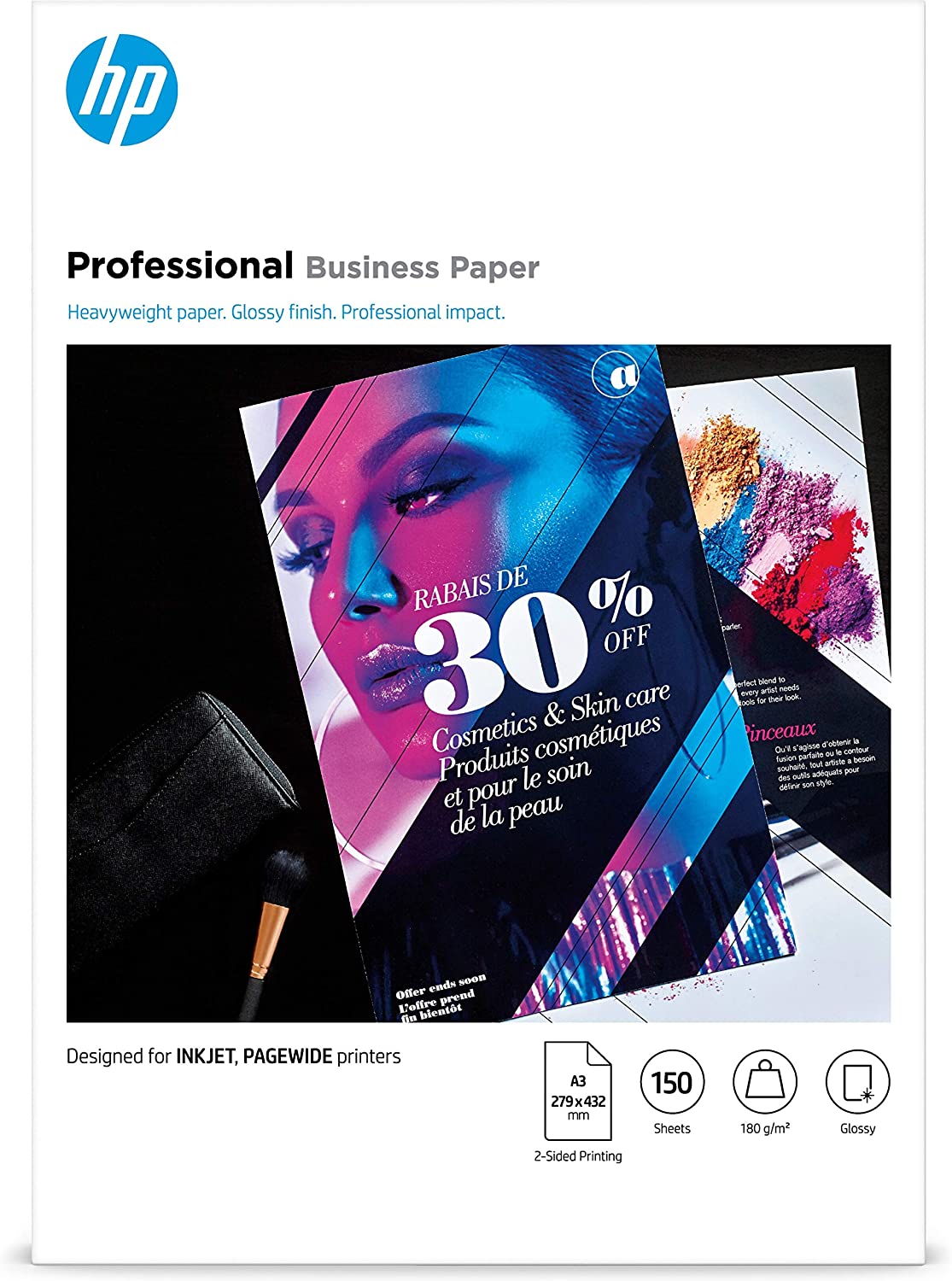 HP 7MV84A Inkjet Professional Glossy Business Paper, A3, 180 gsm, 150 Sheets, White, A3 (150 Sheets)