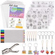TUPARKA 60 Pcs Heat Shrink Plastic Sheet Kit, Shrink Sheets Creative Pack,Including 10Pcs Blank Shrink Film Paper and 5 Pcs Shrink Art Paper with Pattern,Hole Punch,Keychains,Pencils for Kids
