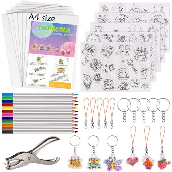 TUPARKA 60 Pcs Heat Shrink Plastic Sheet Kit, Shrink Sheets Creative Pack,Including 10Pcs Blank Shrink Film Paper and 5 Pcs Shrink Art Paper with Pattern,Hole Punch,Keychains,Pencils for Kids
