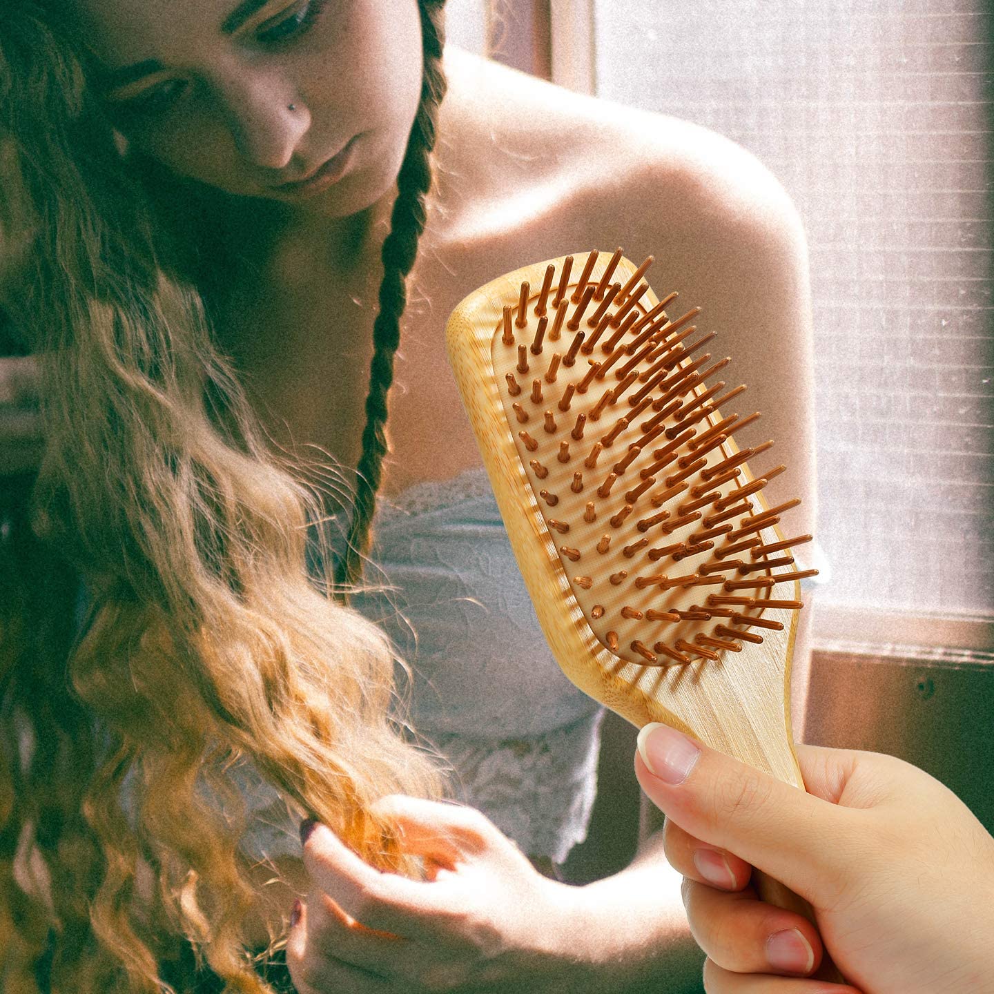 BFWood Bamboo Handle with Bamboo Bristles Paddle Hairbrush for Massaging Scalp - Big Handle - Image 4