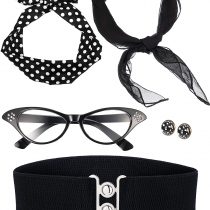 50's Costume Scarf Polka Dot Headband Earring Cat Eye Glasses Waistband