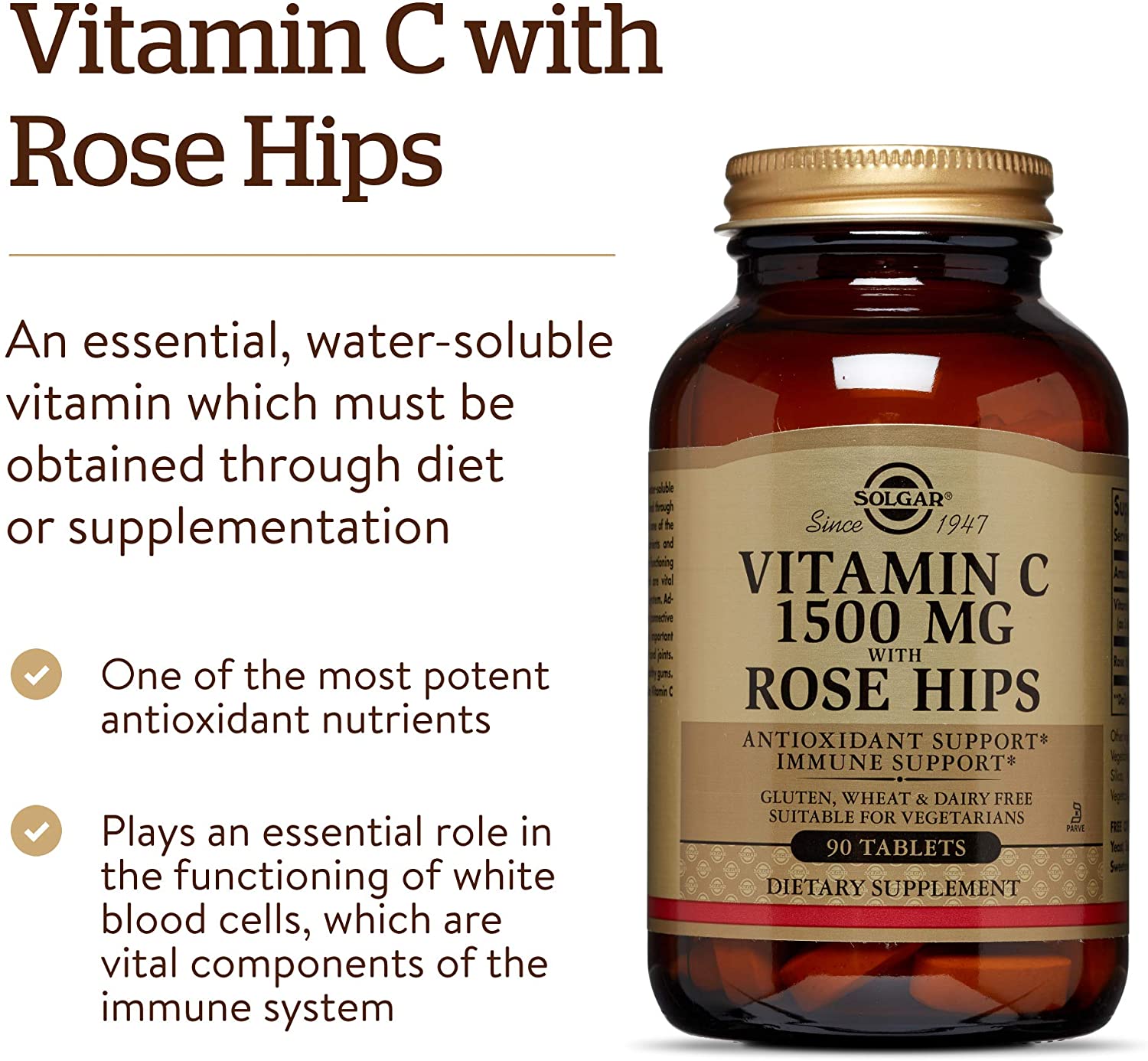 Solgar Vitamin C 1500 mg (1.5 Grams) with Rose Hips Tablets, Pack of 90, Supports Immunity - Image 3
