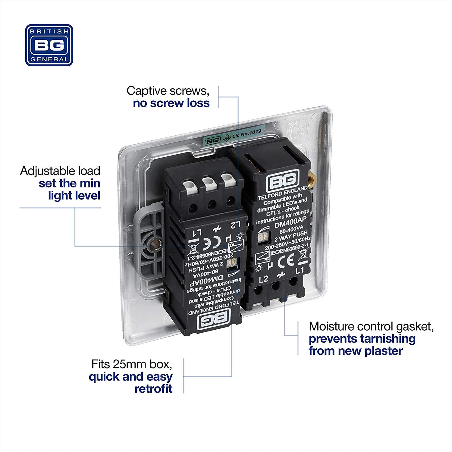 BG Electrical Intelligent Double Wall Dimmer Switch, 2 Way, Raised Profile, Round Edges, Nexus Metal, Brushed Steel, 200W, NBS82 - Image 4