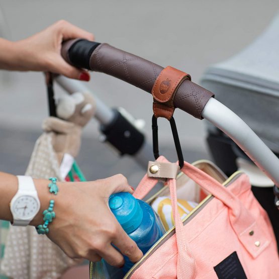 Brown Buggy Clips by Baby Uma - Award Winning: MadeforMums & LovedByParents Awards. Leather Style Pushchair Hooks, Brown, 2 Pack - Image 2