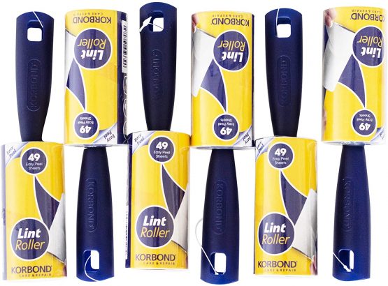Korbond 6 Pack of 7.4m Lint Rollers–294 Sticky Easy Peel Sheets -for ALL FABRIC TYPES- Removes Dust and Fluff from Furniture, Upholstery, Laundry, Washing Machine, & Carpet-Leaves NO RESIDUE-Odourless