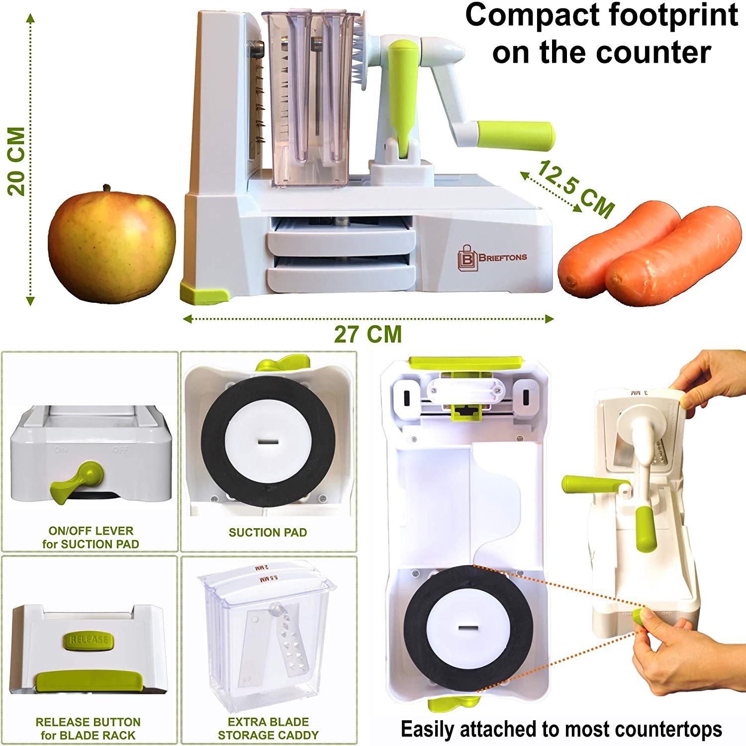 Brieftons 5-Blade Vegetable Spiralizer: Best Zucchini Spiral Slicer & Veggie Noodle Maker, Japanese Steel Blades - Image 4