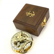 Solid Brass Sundial and Compass in Hardwood BOX - Polished brass sundial compass