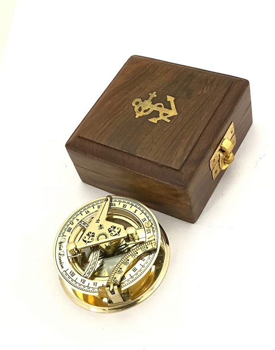 Solid Brass Sundial and Compass in Hardwood BOX - Polished brass sundial compass