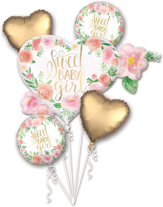 amscan 10133487 Floral Baby Satin Foil Balloon Bouquet - 1 Pc, Colour