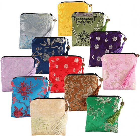 kilofly 12pc Silk Brocade Tasseled Coin Purse Zipper Jewelry Pouch Bag Value Set