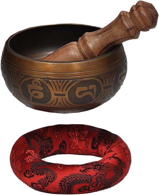 Special Etching Tibetan Singing Bowl Set By Dharma Store - Buddhism Yoga Meditation - With Striker & Cushion - Image 3
