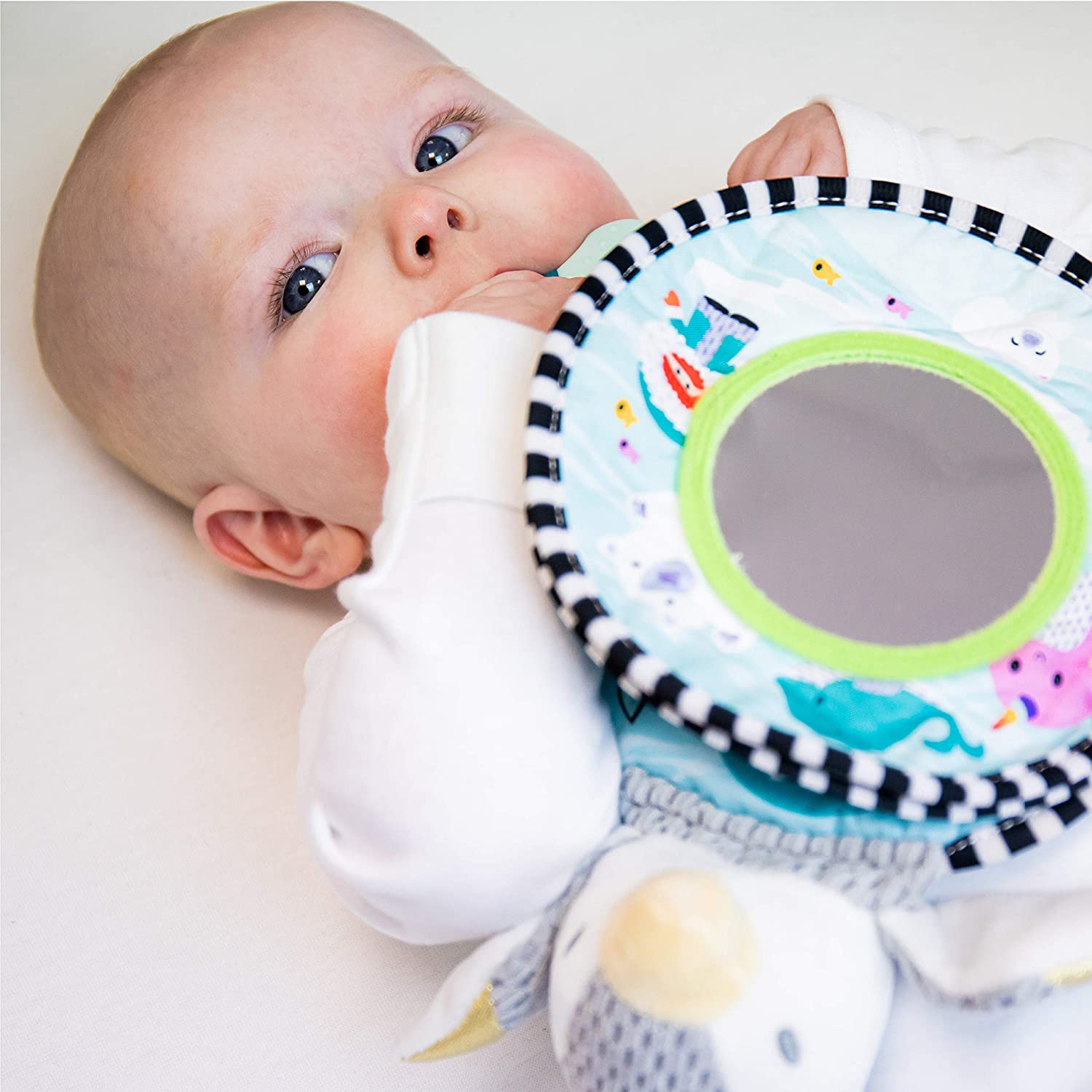 Nuby Soft Plush Pram Toy - Interactive Sensory Story Book with Baby-Safe Mirror, Grey - Image 2