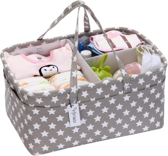 Hinwo Baby Diaper Caddy 3-Compartment Infant Nursery Tote Storage Bin Portable Car Organizer Newborn Shower Gift Basket with Detachable Divider and 10 Invisible Pockets for Diapers & Wipes (Grey Star)