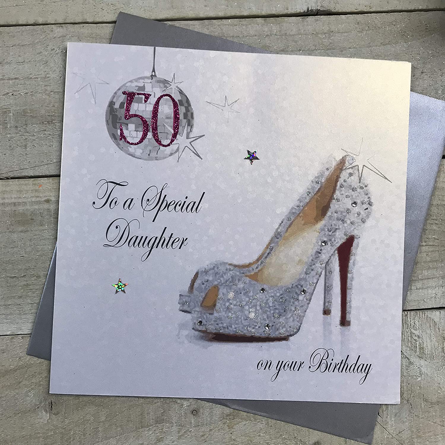 White Cotton Cards Large Glitter Ball & Shoes, 50 to a Special Daughter Handmade 50th Birthday Card, X50D