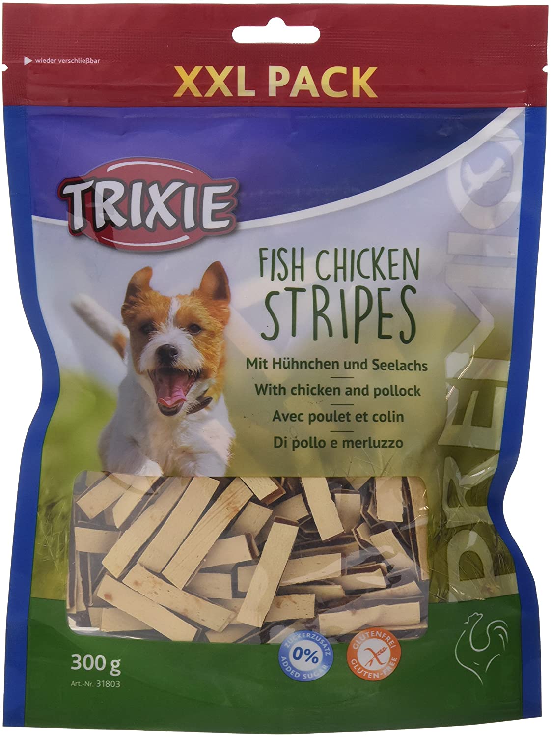 TRIXIE Stripes with chicken & pollack - Dog snack - Gluten free & no added sugar - Meat content 65 %, fish content 18 % - 300 g - 31803