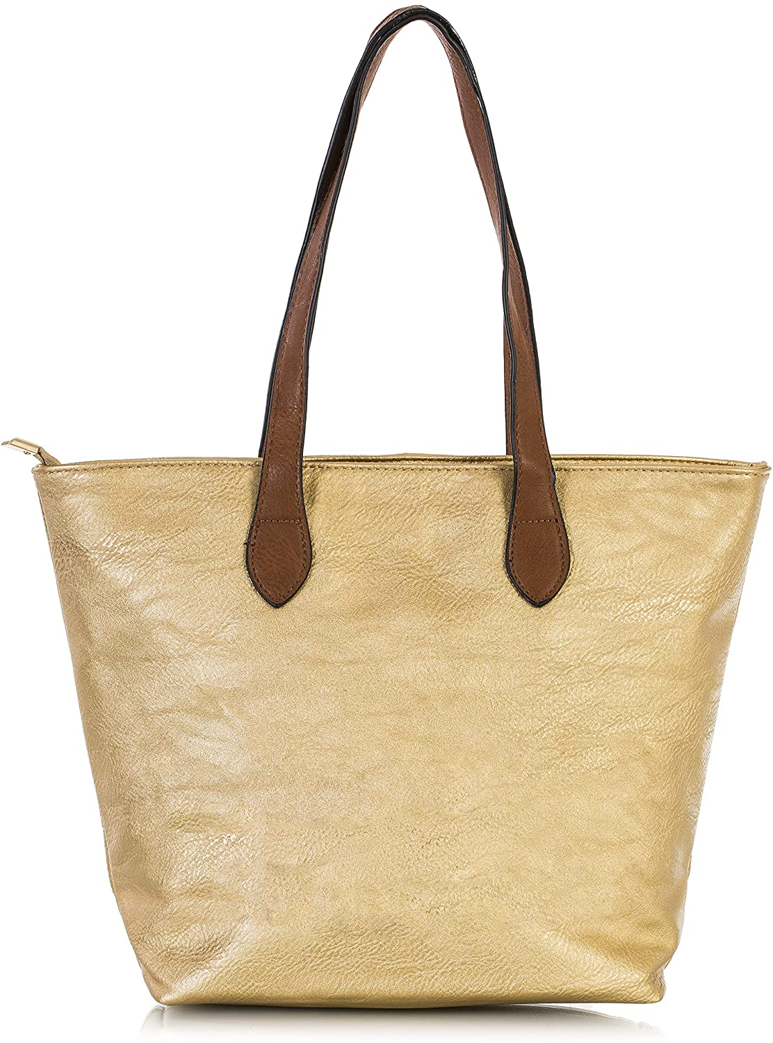 Mabel Womens Lightweight Plain Handbag - Soft 100% Vegan PU Leather Tote Shoulder Bag - Brook (Metallic Gold)