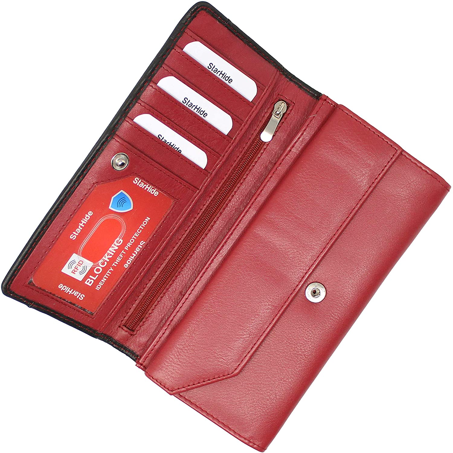 STARHIDE Ladies Purse Women RFID Blocking Genuine Leather Flap Over Long Clutch Wallet 5560 (Red Black), Black Red - Image 2