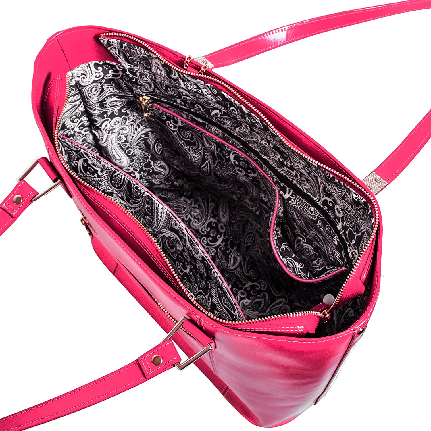 Leather Ladies' Tote with Tablet Pocket, Fuchsia, 13.50"x6"x14" - Image 2