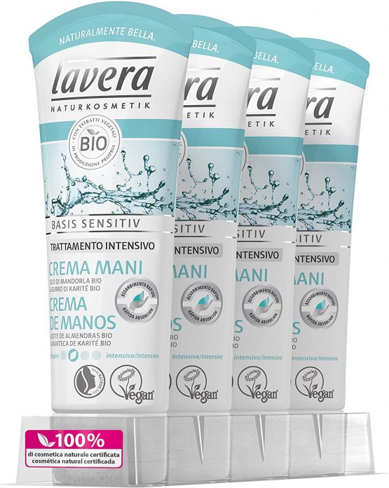 Lavera Hand Cream with Bio Almond Oil and Shea Butter – Vegan – 100% Natural Cosmetics Certificates – Skin Care – 4 Containers of 75 ml