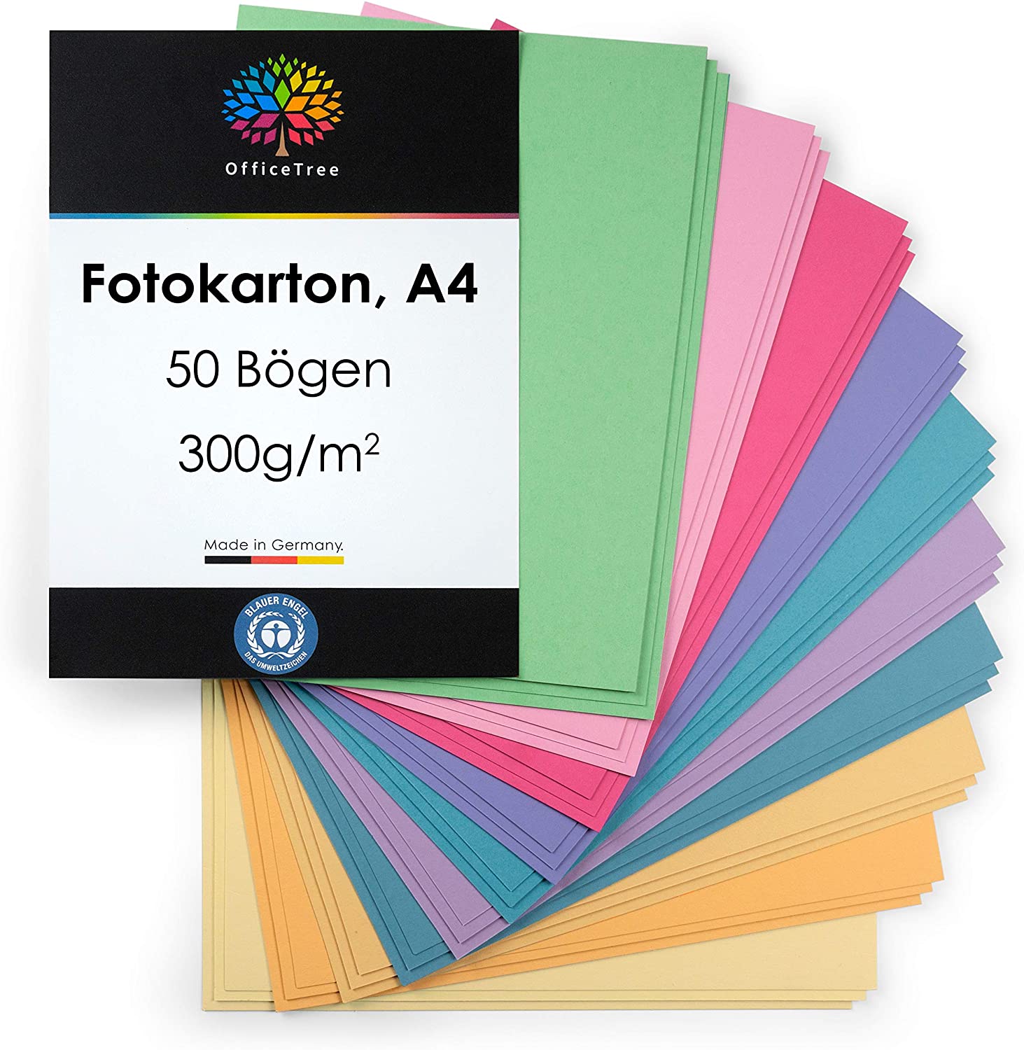 OfficeTree 50x Pastel Paper A4-300 g/m², 10 Pastel Colours, Pastel Card Paper, Coloured Paper A4, A4 Coloured Card