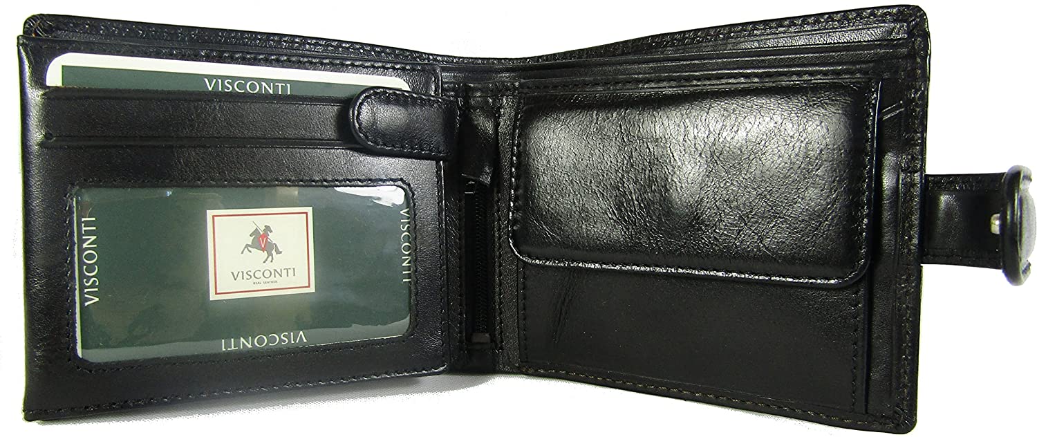 New Visconti Monza Rome Italian Glazed Leather RFID Blocking Men's Wallet Money Bag Style Rome MZ5 (Black)