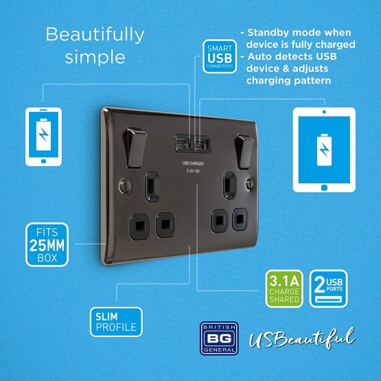 BG Electrical nbn22u3b Double Switched Fast Charging Power Socket with Two USB Charging Ports, 13 A, Black Nickel - Image 4