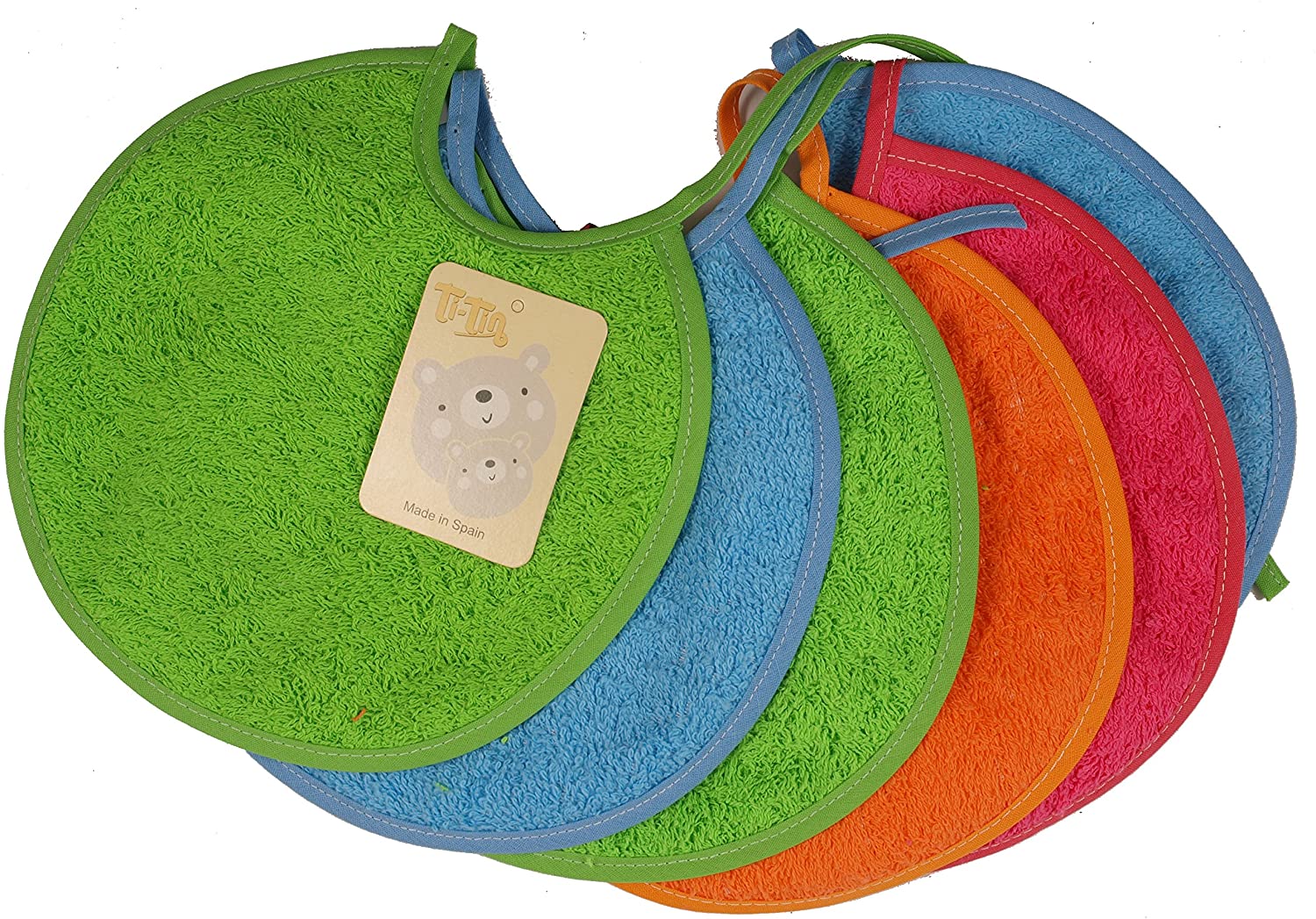Ti TIN Pack of 6 terry cloth baby bibs, 19 x 19 cm, bibs for babies aged 0 to 6 months, closure with ribbons - Image 4