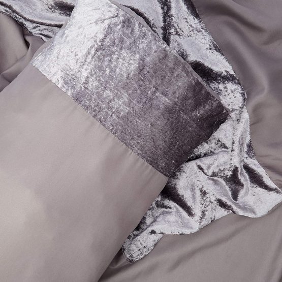 Sienna Crushed Velvet Panel Band Duvet Cover with Pillow Case Bedding Set - Silver Grey, Single - Image 2